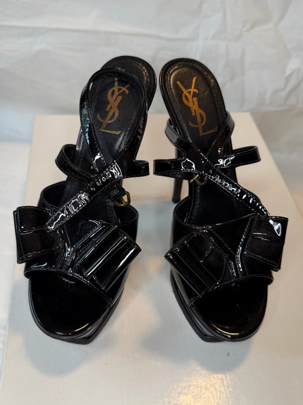 Saint Laurent Black Patent Leather Bow Strappy High Heels - Picture 1 of 10
